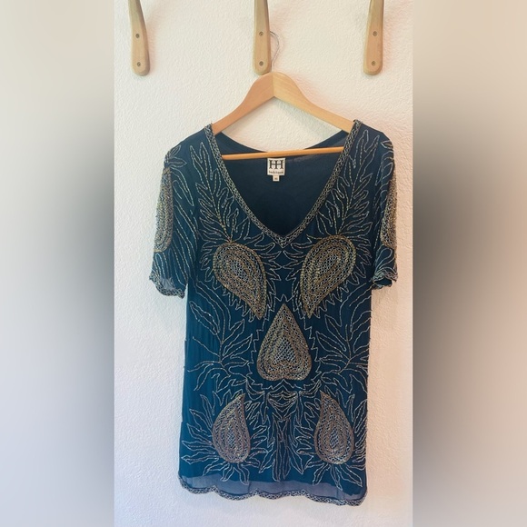 Haute Hippie Navy Silk Beaded Paisley V-Neck Mini Dress Size XS - Picture 2 of 7